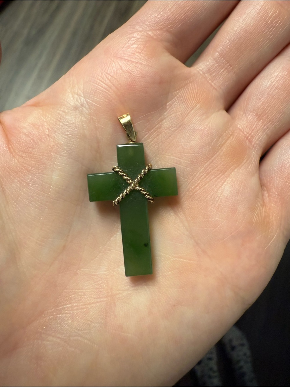 Genuine Jade cross pendant set in 14k gold
